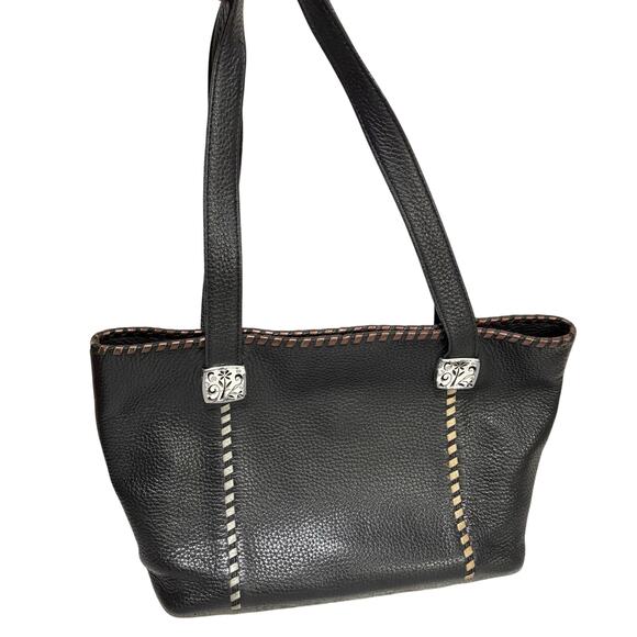 Brighton black pebbled leather shoulder bag purse gold & silver woven trim - Picture 1 of 9